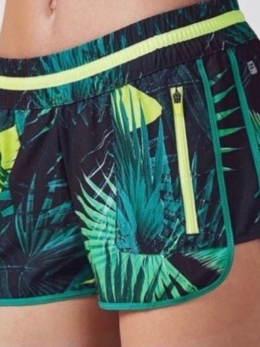 Fabletics W’s Sz Med Green Tropical Palm Print Athletic Shorts with Neon Trim